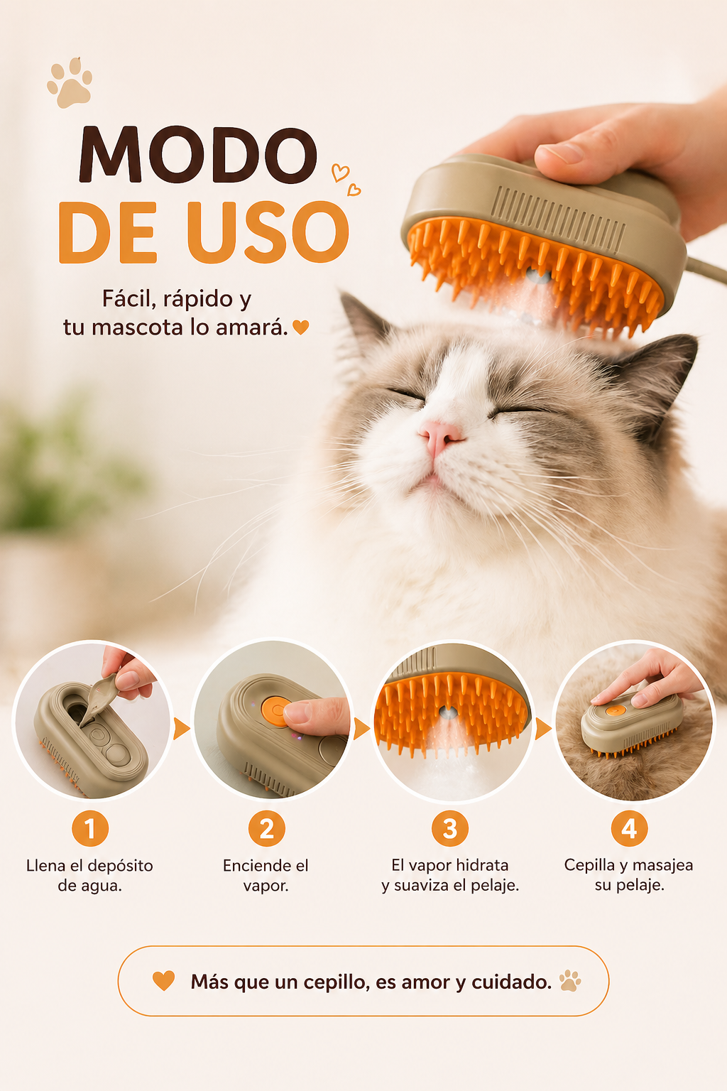 Cepillo de vapor para mascotas 3 en 1