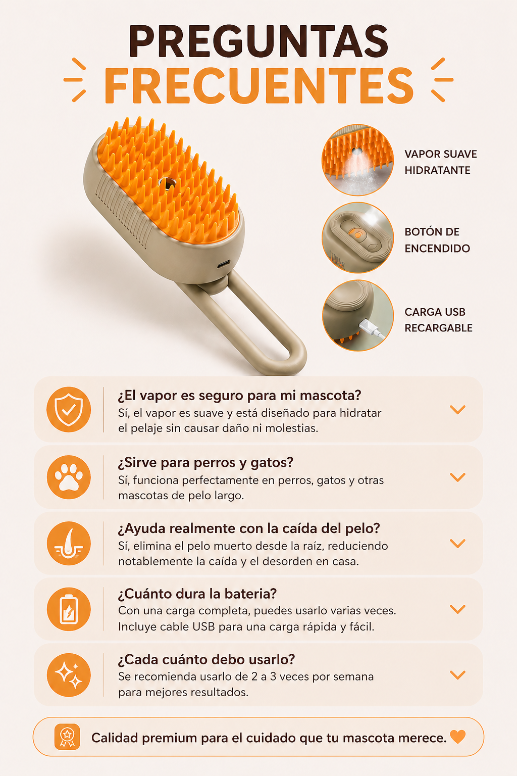 Cepillo de vapor para mascotas 3 en 1