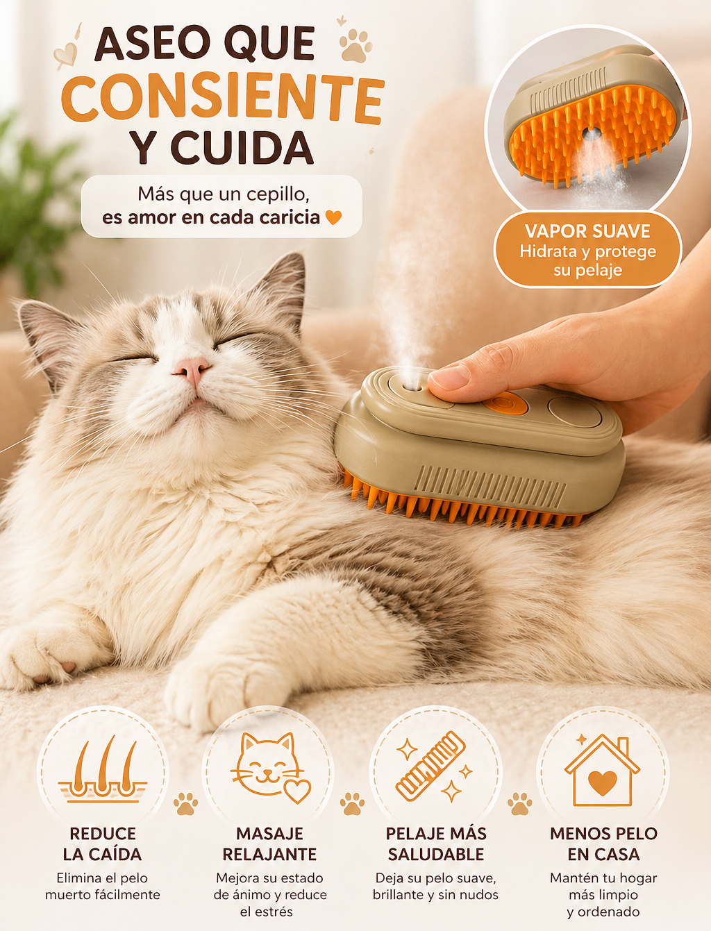 Cepillo de vapor para mascotas 3 en 1